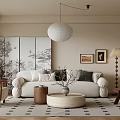 Neutral Tones Living Room Interior With Beige Sofa Round Pendant Light Decorative Paintings And Patterned Rug