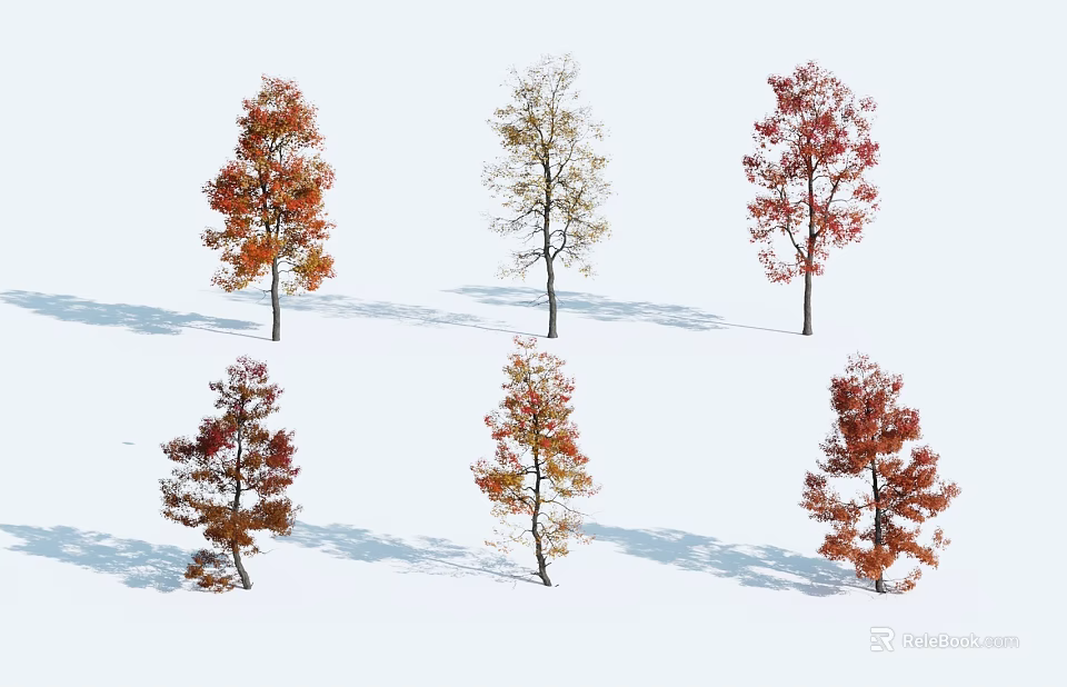 Trees With Red And Orange Foliage Standing On Snowy Ground Casting Shadows 3d model