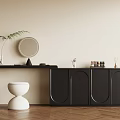 Modern Black Dressing Table with Round Mirror Stool and Cosmetics on Wooden Floor 3d model