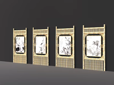 Four Traditional Chinese Bamboo Room Dividers With Decorative Painted Panels 3d model
