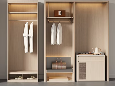 Modern Light Wooden Wardrobe Design With Hanging Space Shoe Shelf And Storage Compartments 3d model