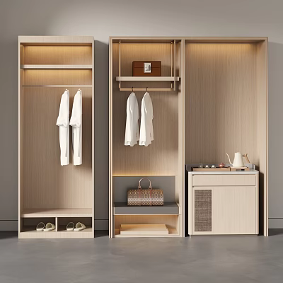 Modern Light Wooden Wardrobe Design With Hanging Space Shoe Shelf And Storage Compartments 3d model