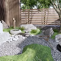 Modern Courtyard Garden Featuring Wooden Fence Trees Green Plants Small Pond Gravel Path And Stones