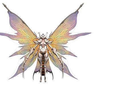 Elegant Multi Winged Game Movie Character With Iridescent Golden Wings And Silver Metallic Body 3d model