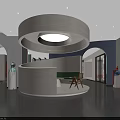 Modern Public Interior Space Featuring Circular Structure Green Curved Seating And Arched Doorway