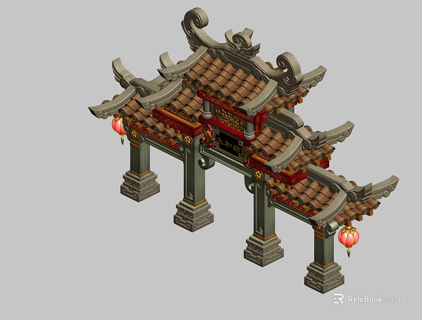Chinese Traditional Paifang Archway With Carved Pillars Tile Roof And Red Lanterns 3d model 