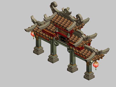 Chinese Traditional Paifang Archway With Carved Pillars Tile Roof And Red Lanterns 3d model