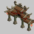 Chinese Traditional Paifang Archway With Carved Pillars Tile Roof And Red Lanterns
