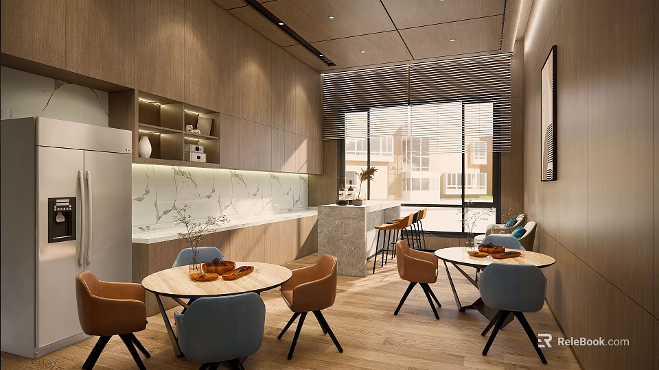 Modern Pantry Interior With Wooden Walls Marble Countertop Round Tables And Colorful Chairs 3d model 