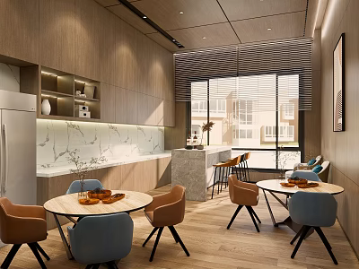 Modern Pantry Interior With Wooden Walls Marble Countertop Round Tables And Colorful Chairs 3d model
