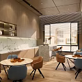 Modern Pantry Interior With Wooden Walls Marble Countertop Round Tables And Colorful Chairs