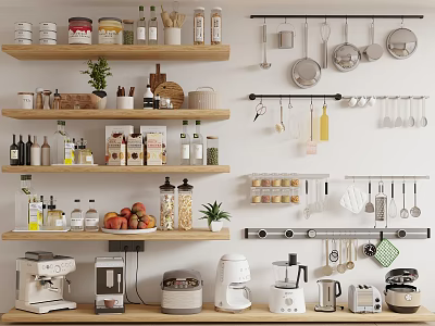 Well Organized Kitchen Utensils Storage With Hanging Pans Jars Bottles And Appliances 3d model