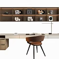 Modern Home Office Desk With Brown Chair Floating Shelves And Table Lamp
