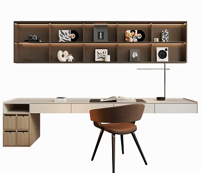 Modern Home Office Desk With Brown Chair Floating Shelves And Table Lamp 3d model