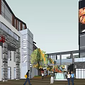 Commercial Street With Modern And Traditional Buildings Greenery Plaza Pathways And River