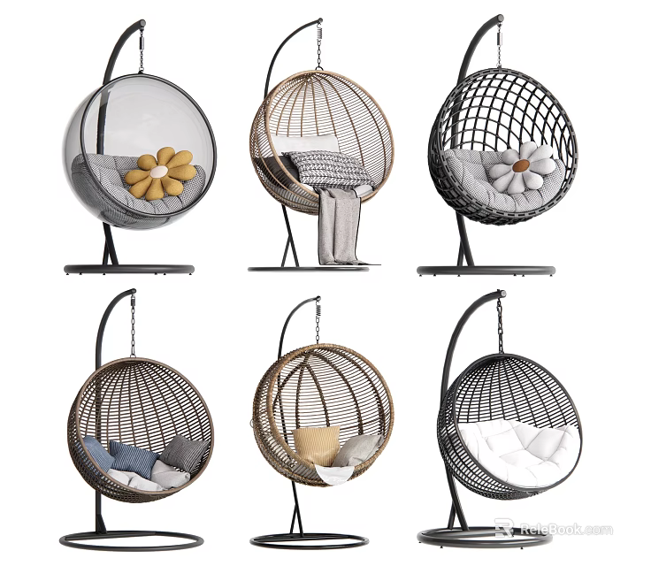 Various Styles of Hanging Chairs with Decorative Cushions and Rattan Designs 3d model 