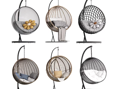 Various Styles of Hanging Chairs with Decorative Cushions and Rattan Designs 3d model