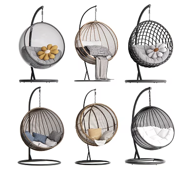 Various Styles of Hanging Chairs with Decorative Cushions and Rattan Designs 3d model