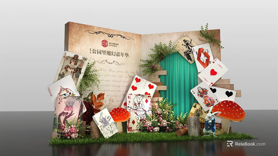 Rongchuang High School Themed Display With Book Shaped Board Playing Cards Mushrooms Greenery And Butterflies 3d model 