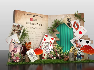 Rongchuang High School Themed Display With Book Shaped Board Playing Cards Mushrooms Greenery And Butterflies 3d model