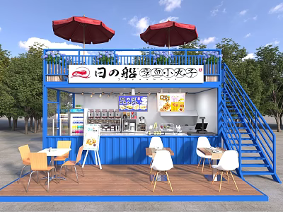 Blue Container Building For Food Stall With Red Umbrellas Staircase Outdoor Tables And Chairs 3d model