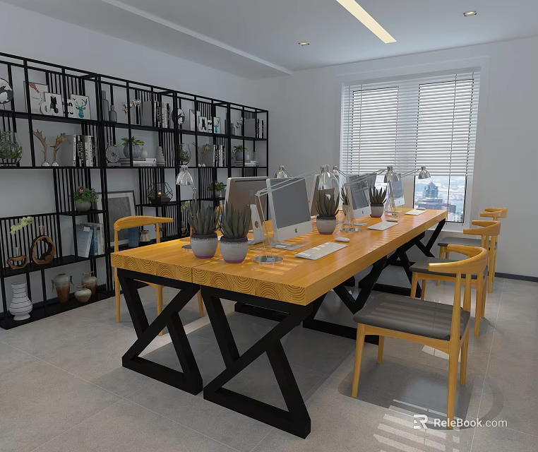 Public Office Space Interior Design with Long Wooden Table Yellow Chairs Bookshelves and Green Plants 3d model 
