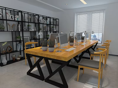 Public Office Space Interior Design with Long Wooden Table Yellow Chairs Bookshelves and Green Plants 3d model