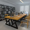 Public Office Space Interior Design with Long Wooden Table Yellow Chairs Bookshelves and Green Plants
