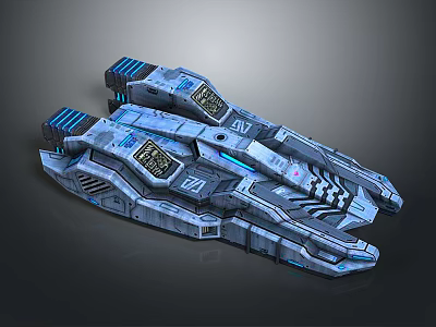 Futuristic Twin Body Spacecraft With Blue Lights And Mechanical Details 3d model