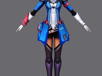 Game Character With Blue White Outfit Red Accents And Tech Inspired Design 3d model