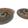 Outdoor Sofa Circular Design With Fire Pit Stone And Orange Purple Cushions On Stone Patio