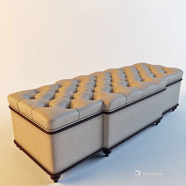 Beige Tufted Storage Ottoman Bench with Upholstered Fabric and Wooden Legs for Living Room 3d model 