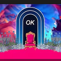 Floral Decorations Around Blue Archway With Pink Chair And Colorful Cloud Background