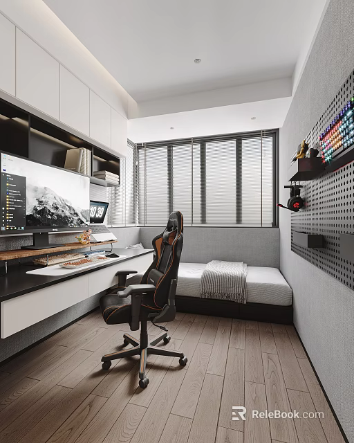 Modern Study Room With Work Desk Computer Gaming Chair And Daybed 3d model 