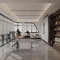 Modern Office Interior Design With Open Layout Large Windows Blinds Desk Bookshelf And Sleek Floor