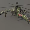 Camouflage Military Attack Helicopter with Weapons Ammunition and Standing Soldier Model