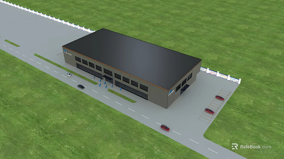 Industrial Building With Black Roof Gray Walls Green Lawn Parking Lot And Road 3d model 