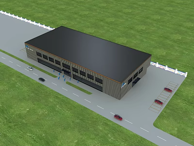 Industrial Building With Black Roof Gray Walls Green Lawn Parking Lot And Road 3d model