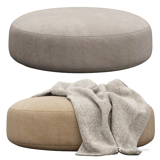 Modern Round Ottoman Design With Beige Fabric And Gray Blanket Accent 3d model 