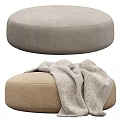 Modern Round Ottoman Design With Beige Fabric And Gray Blanket Accent