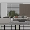 Modern Office Interior Design with Large Windows Blinds Sofa Coffee Table And Green Trees Outside 3d model