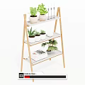 Three Tiered Wooden Ladder Shelf For Indoor Garden Decor With Green Plants And Books