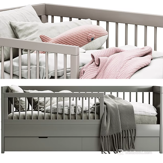 Cozy Modern Wooden Baby Crib Interior With Soft Blanket Pillow And Storage Drawer 3d model 