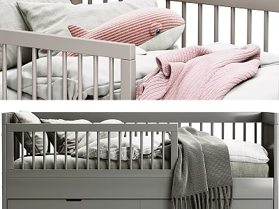 Cozy Modern Wooden Baby Crib Interior With Soft Blanket Pillow And Storage Drawer 3d model