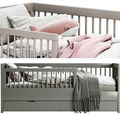 Cozy Modern Wooden Baby Crib Interior With Soft Blanket Pillow And Storage Drawer 3d model