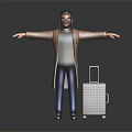 Man Standing With Arms Outstretched In Brown Coat Gray Turtleneck Blue Jeans Sneakers Silver Luggage