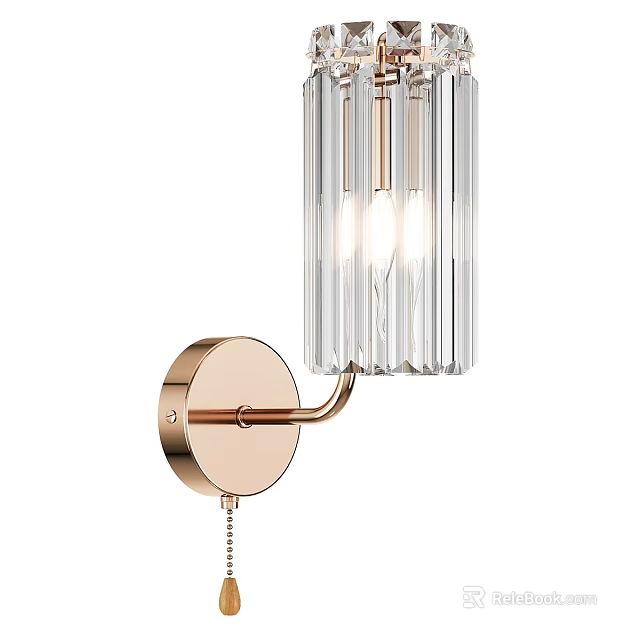Modern Rose Gold Wall Lamp With Transparent Glass Striped Shade And Chain Switch 3d model 