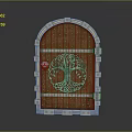 Vintage Wooden Gate With Green Tree Pattern And Metal Decorative Arched Frame