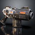 Futuristic Sci Fi Weapon With Metallic Black Body And Orange Warning Signs