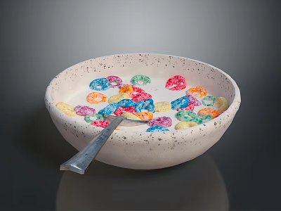 Tableware Set Featuring White Bowl With Colorful Round Patterns And Metal Spoon 3d model